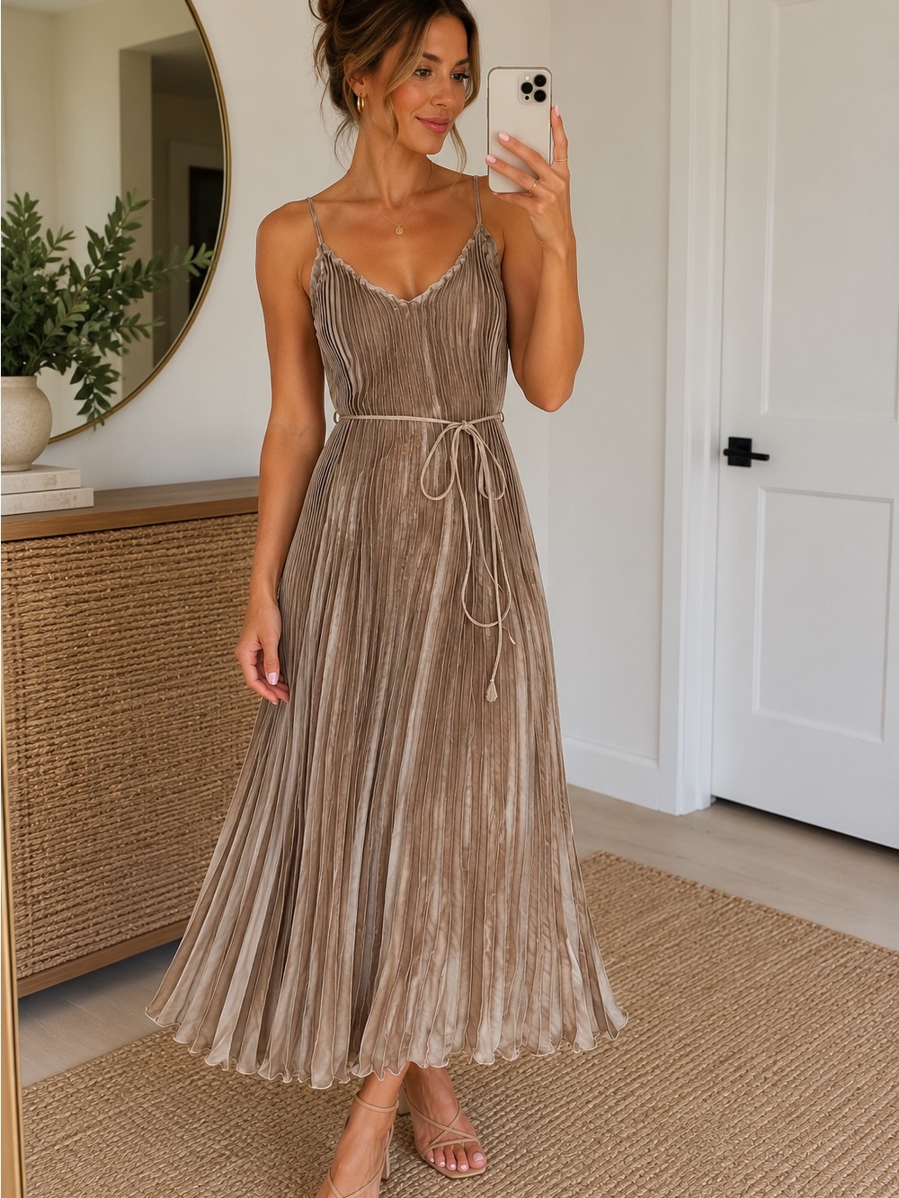Banana Republic Satin Pleated Midi Dress – Size Medium — Sonoran Beige